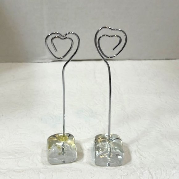 Two(2) Wired Hearts Photo Holder Desk Display Postcard Glass Stand 4.25" Tall - Picture 1 of 5